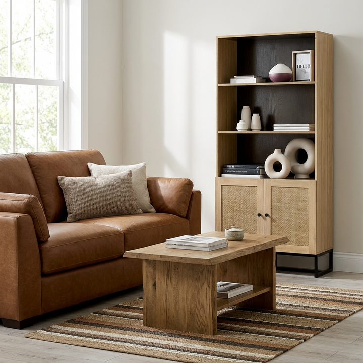 Padstow Oak Tall Bookcase Light Oak with Rattan Front PAD008