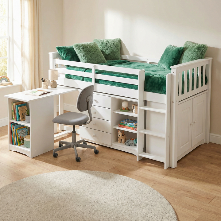 Porto Midi Sleeper with Desk Chest & Bookcase White PORTMIDIWHI - Havenheim Furniture