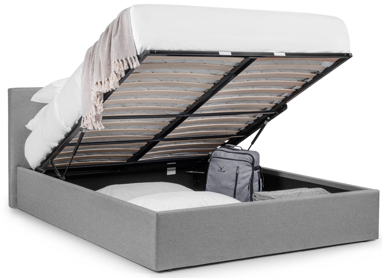 RIALTO LIFT-UP STORAGE BED 135CM Light Grey Hardwood Frame With Foam And Linen RIA301