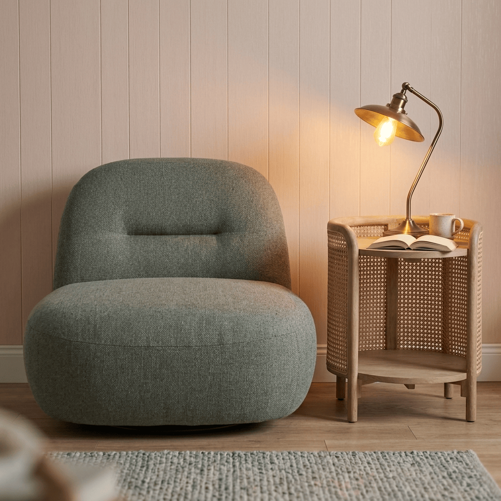 Sienna Oversized Swivel Chair in Boucle Olive VLA410