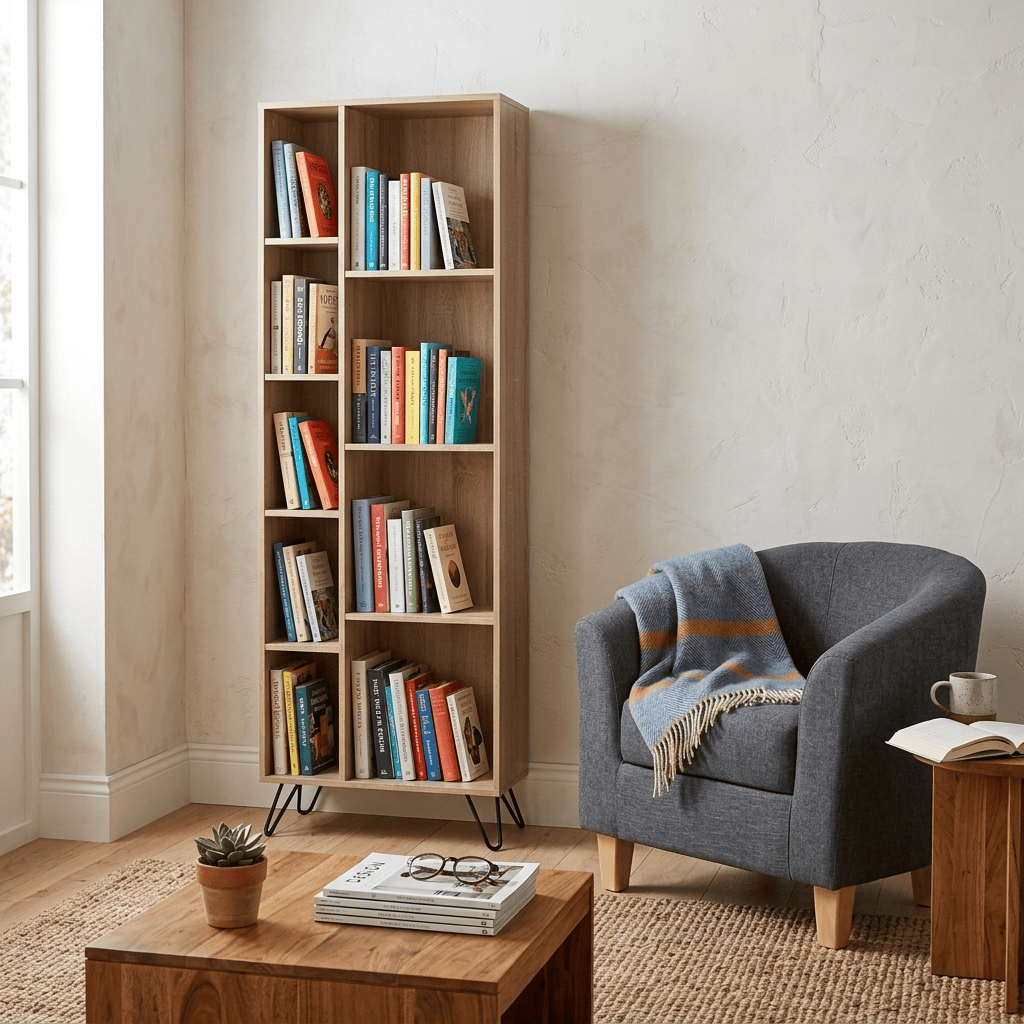 Sonoma Bookcase Narrow Oak Effect Wood and Black Metal SONOBOOKN