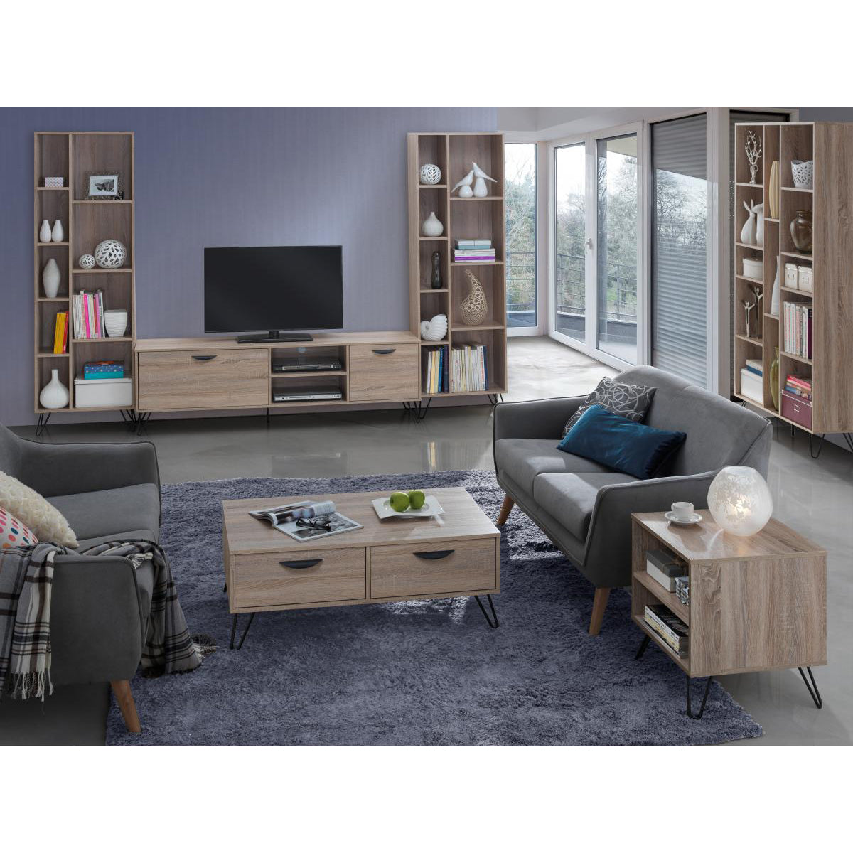 Sonoma Bookcase Narrow Oak Effect Wood and Black Metal SONOBOOKN