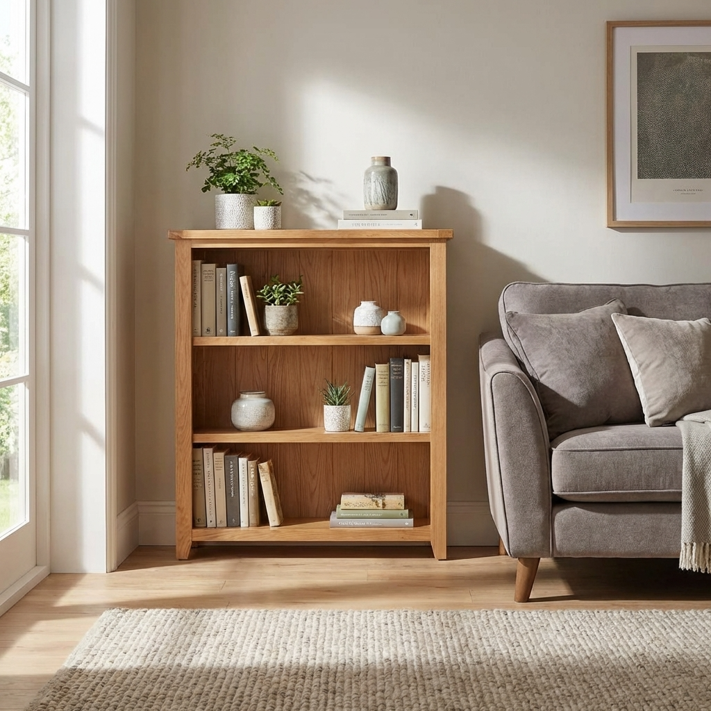 Stirling Bookcase With 2 Shelves Oak & Oak Veneer STIRBOOK2 - Havenheim Furniture