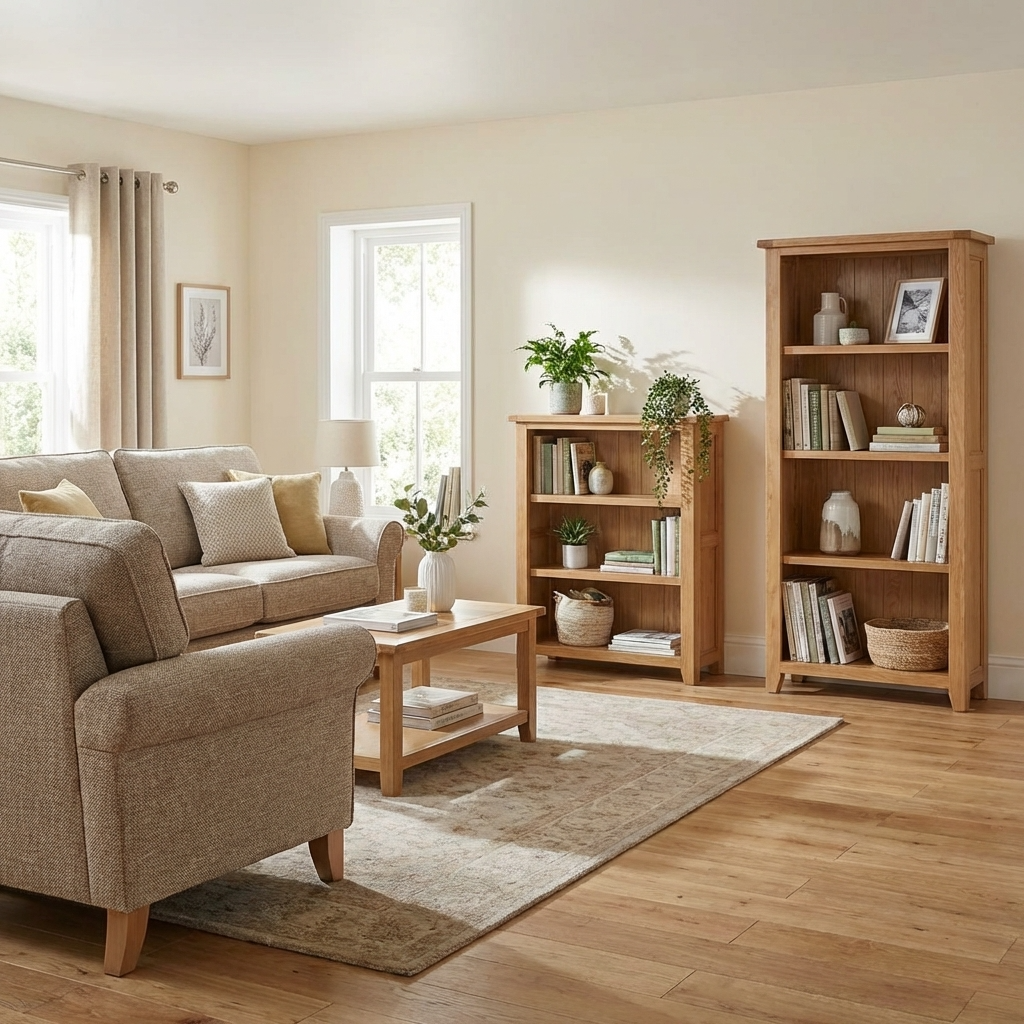 Stirling Bookcase With 2 Shelves Oak & Oak Veneer STIRBOOK2 - Havenheim Furniture