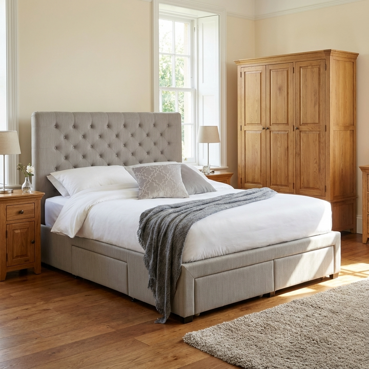 Wilton Deep Button 4 Drawer Bed 135cm Double - Grey Linen WIL001 - Havenheim Furniture